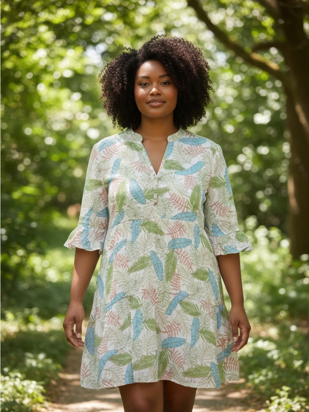 ESQUALO White Midi Dress with Blue and Green Leaf Print